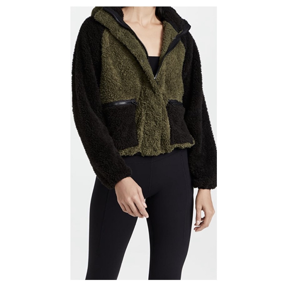 Plush Olive Green & Black Sherpa Zip up‎ jacket XS